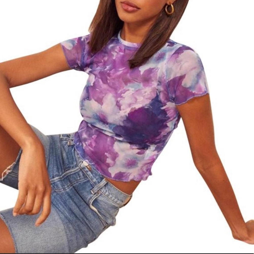 Reformation Mesh Purple Floral Top